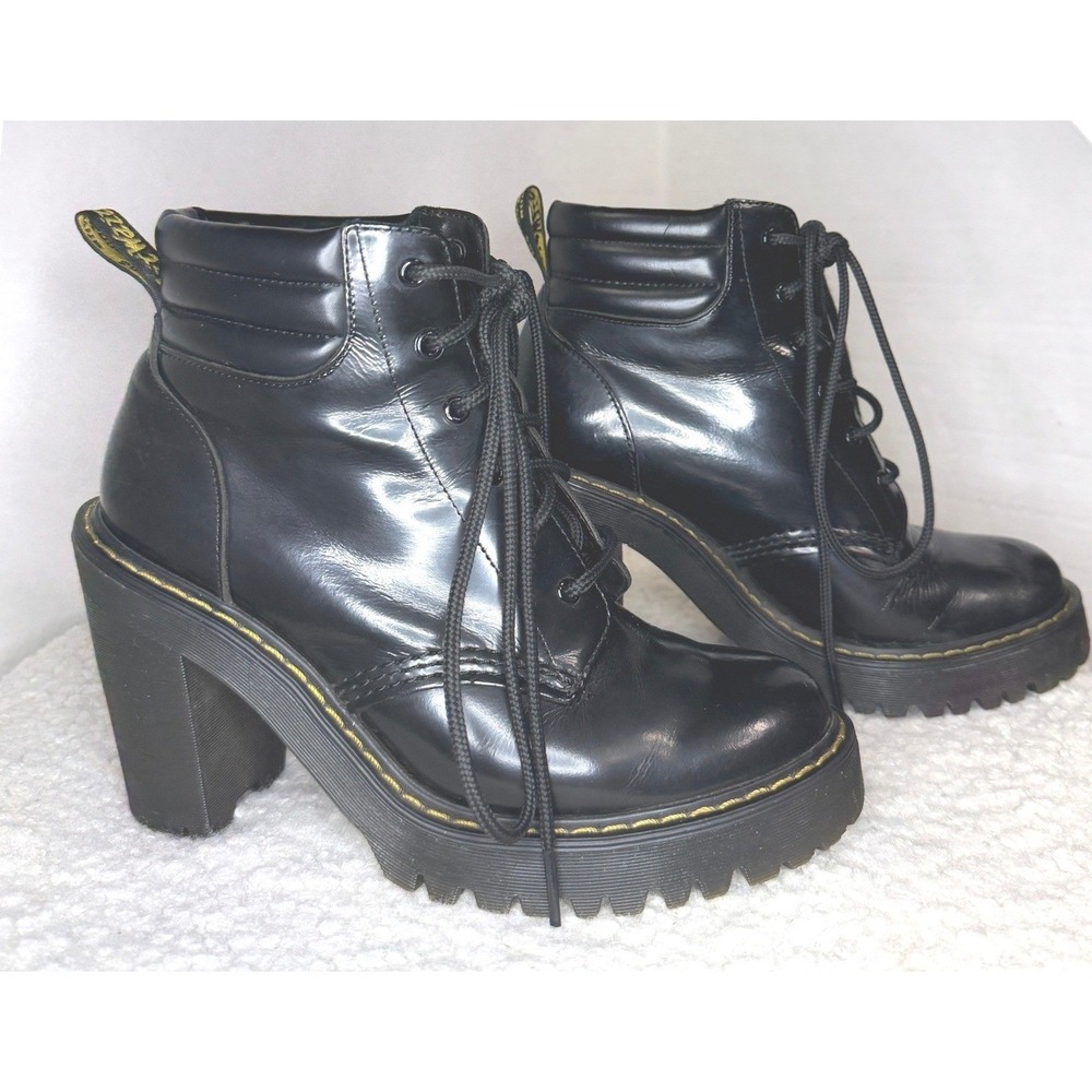 Dr Martens Persephone Black Glossed Leather Platform Lace Up Ankle Boots 6 READ